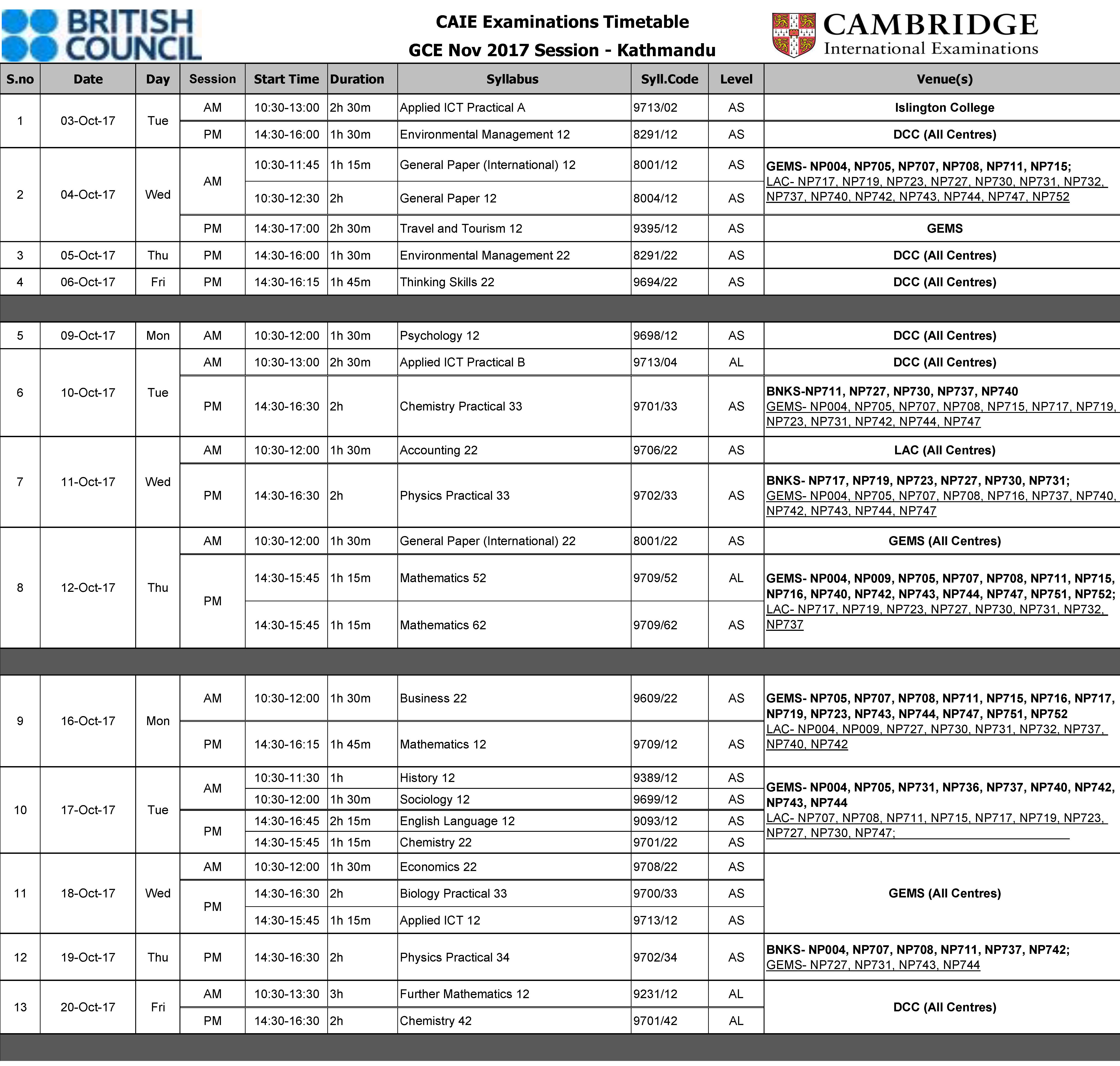 CIE Examinations Timetable from British Council
